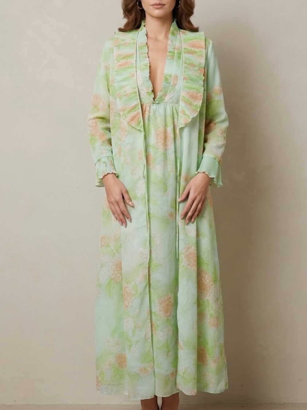DIANE VON FURSTENBERG Vintage 70s Floral Nightgown Robe Set Sheer Peignoir M